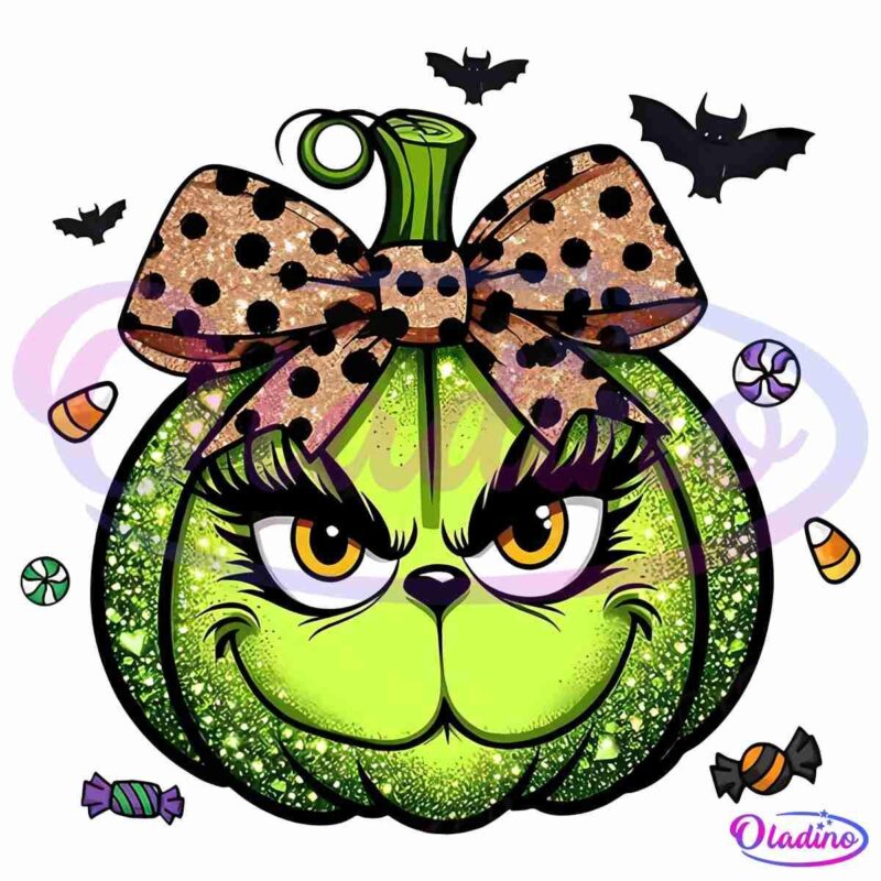 A glowing green pumpkin with a mischievous grin wears a large bow with polka dots. It has eyelash details giving it a playful, sassy expression. Surrounded by candy and flying bats, it depicts a Halloween theme with a fun and festive atmosphere.