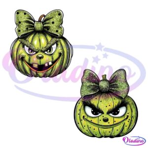 Glitter Grinch Pumpkin Funny Christmas Green Coquette Bow PNG