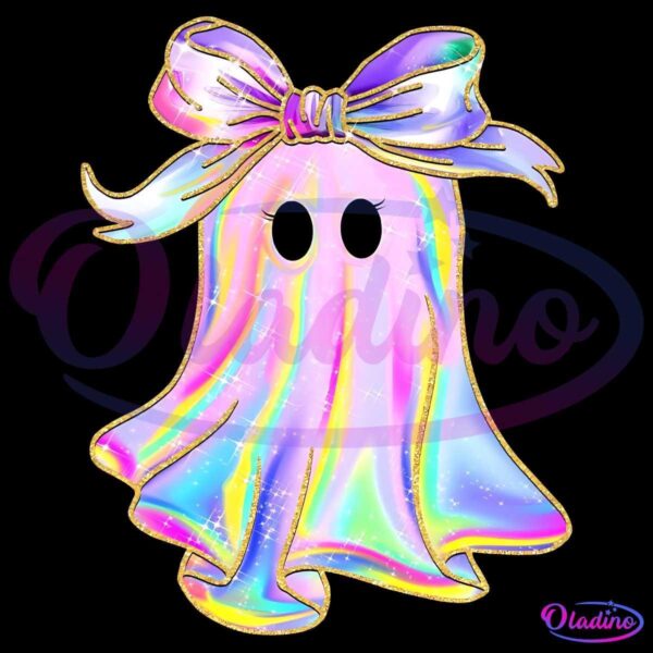 A cute ghost with a rainbow-tie-dye pattern and sparkling effects. The ghost has large, black, oval eyes and is wearing a rainbow-colored ribbon as a bow on its head. The edges of the ghost and the ribbon are outlined in gold. The background is black.