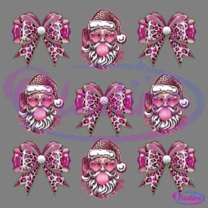 A repeating pattern featuring alternating images of Santa Claus with a white beard and pink accents and decorative pink bows with green ribbon and white polka dots on a black background.