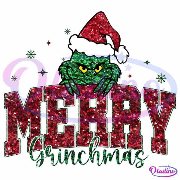 A green character, wearing a red and white Santa hat, peeks over large, glittery red letters spelling "MERRY." Below, "Grinchmas" is written in sparkly green script. Snowflakes in green and red are scattered around the design.