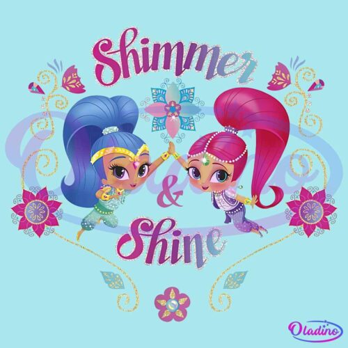 An illustration of two animated, colorful genies with blue and pink hair, holding a sparkling magic wand. They are surrounded by decorative floral patterns. The text "Shimmer & Shine" is written in a whimsical font above and between them.