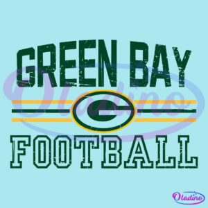 A graphic showcasing the text "GREEN BAY FOOTBALL" in green letters, with a stylized "G" logo in the center flanked by green and yellow stripes.