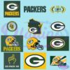 A collage of various Green Bay Packers logos and symbols. It includes the team's main "G" logo, a helmet, a state outline with the "G" logo, "PACKERS" text, and "GO PACK GO" with a foam finger. Other variations feature unique designs like a Batman influence and a guitar pick.