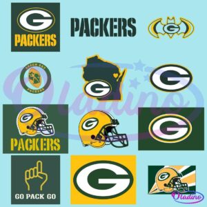 A collage of various Green Bay Packers logos and symbols. It includes the team's main "G" logo, a helmet, a state outline with the "G" logo, "PACKERS" text, and "GO PACK GO" with a foam finger. Other variations feature unique designs like a Batman influence and a guitar pick.