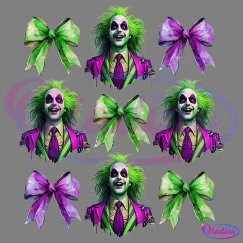 A repeating pattern featuring a character with green hair, white face paint, dark eye rings, purple lips, and a purple and green suit, alongside alternating green and purple bows. The character appears three times, while the bows appear six times.