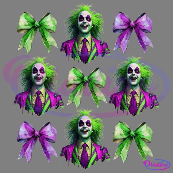 A repeating pattern featuring a character with green hair, pale skin, and exaggerated makeup, wearing a green and purple outfit, interspersed with green and purple bows.