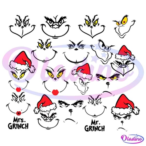 A grid of various Grinch face illustrations with different expressions and wearing Santa hats. Two designs are labeled "Mr. Grinch" and "Mrs. Grinch." Below the grid, the text reads "SVG-EPS-DFX-PNG.