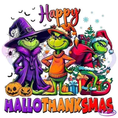 An illustration of three Grinch characters dressed in Halloween, Thanksgiving, and Christmas attire. They stand behind text that reads: "Happy HalloThanksMas." The background features pumpkins, presents, and snowflakes, blending elements of the three holidays.