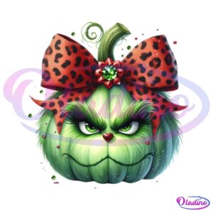 Grinch Head Pumpkin Leopard Coquette Bow PNG