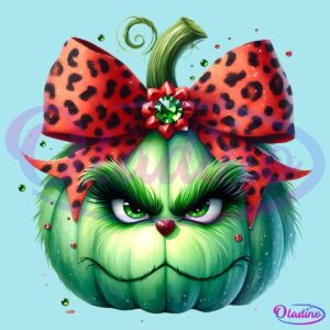 Grinch Head Pumpkin Leopard Coquette Bow PNG