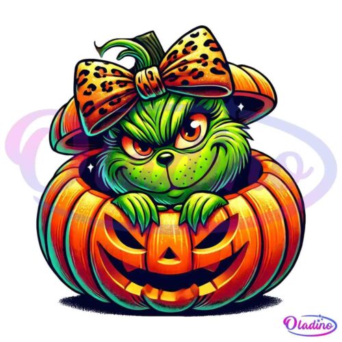 Grinch Pumpkin Leopard Coquette PNG