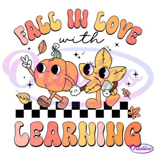 A cute illustration features a pumpkin and a leaf with arms and legs, walking together and smiling. The pumpkin is holding up a peace sign, and the leaf is holding a book. Surrounding them are colorful autumn leaves with the text "Fall in Love Learning" above and below.