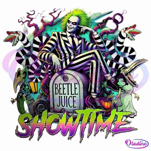 A vibrant, eccentric character with green hair and a striped suit sits atop a gravestone that reads "Beetle Juice." Surrounded by surreal creatures and colorful shapes, the neon text "SHOWTIME" blazes at the bottom of the image.