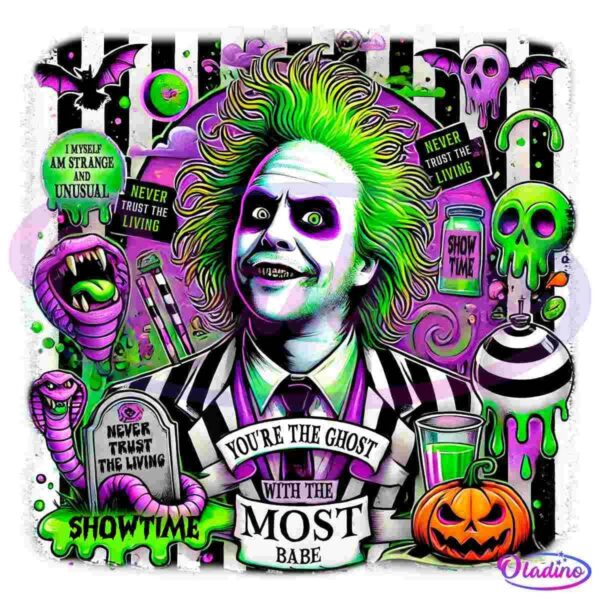 Cartoonish illustration of a crazed character with wild green hair and dark eye circles against a graveyard backdrop. Surrounding text includes "Showtime" and "You're the ghost with the most babe". Halloween-themed elements like pumpkins and ghosts appear.