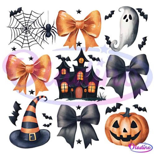 A collection of Halloween-themed illustrations, including bows in orange and black, a haunted house, a ghost, a spider with a web, bats, a witch's hat, and a carved pumpkin jack-o'-lantern with a cheerful face. The background is transparent.