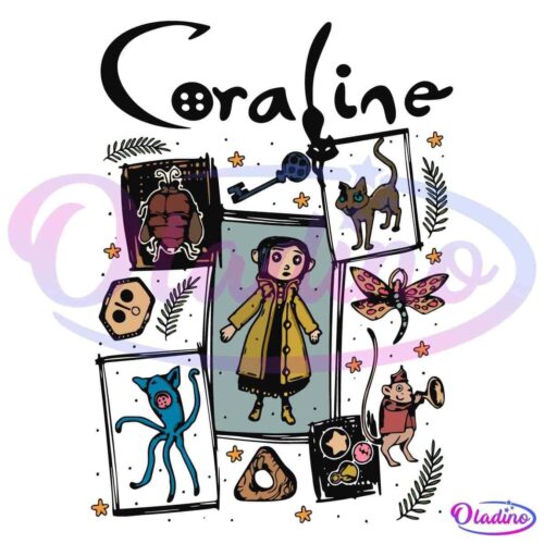 An illustrated poster for "Coraline" features Coraline in a yellow raincoat at the center, surrounded by various characters and elements from the story, including a cat, a button-eyed doll, mice, a key, and other fantastical creatures.