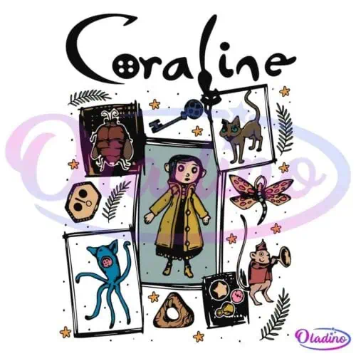 An illustrated poster for "Coraline" features Coraline in a yellow raincoat at the center, surrounded by various characters and elements from the story, including a cat, a button-eyed doll, mice, a key, and other fantastical creatures.