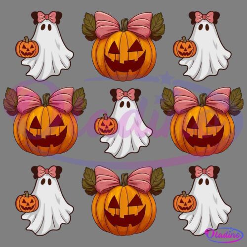 A pattern featuring alternating icons of a cute ghost with a pink bow holding a small pumpkin and a carved jack-o'-lantern with a pink bow and leaves. The images are arranged in a 3x3 grid on a black background.