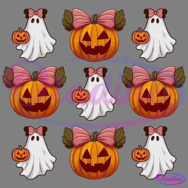 A pattern featuring alternating icons of a cute ghost with a pink bow holding a small pumpkin and a carved jack-o'-lantern with a pink bow and leaves. The images are arranged in a 3x3 grid on a black background.