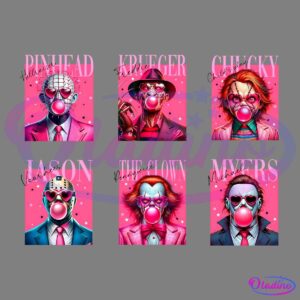 Illustration of six characters in suits blowing pink bubble gum under a bright pink background with stars. Each has a name above: PINHEAD, KRUEGER, CHUCKY, JASON, THE CLOWN, and MYERS. They appear playful, contrasting their typically dark personas.