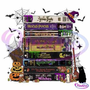 A stack of classic Halloween-themed VHS tapes featuring titles like "The Addams Family," "Hocus Pocus," "Beetlejuice," and more. Surrounding the tapes are Halloween decorations such as pumpkins, a witch's hat, a broomstick, bats, and a black cat.