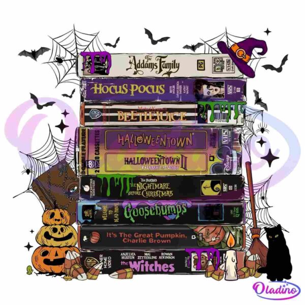 A stack of classic Halloween-themed VHS tapes featuring titles like "The Addams Family," "Hocus Pocus," "Beetlejuice," and more. Surrounding the tapes are Halloween decorations such as pumpkins, a witch's hat, a broomstick, bats, and a black cat.