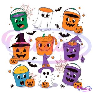 Halloween-themed image with smiling candy buckets of various colors and designs, some wearing witch hats, surrounded by pumpkins, ghosts, spider webs, and bats. The buckets display cute, playful expressions, adding a festive and spooky vibe to the scene.