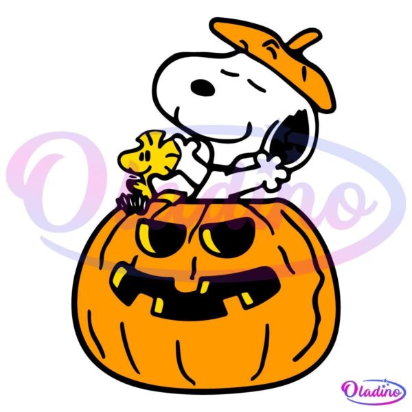 Snoopy, wearing an orange hat, sits contentedly on top of a large orange jack-o'-lantern with a carved, smiling face. Woodstock stands beside him with a joyful expression. The background is solid black, highlighting the characters and the pumpkin.