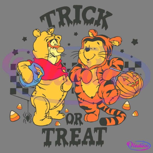 Illustration of a bear and a tiger dressed in Halloween costumes, holding trick-or-treat pails. The bear wears a red cape and holds a blue pail, while the tiger wears an orange costume and holds a pumpkin-shaped pail. "Trick or Treat" is written above them.