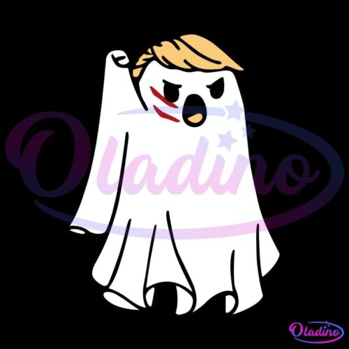 Drawing of a ghost with a blond comb-over hairstyle, red marks on its right cheek, and an angry expression, set against a black background. The ghost is looking forward, with one "arm" raised, giving it a dramatic or possibly confrontational appearance.