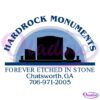 Logo for Hardrock Monuments featuring the silhouette of headstones and urns within a blue and gray arch. Text reads "FOREVER ETCHED IN STONE," followed by "Chatsworth, GA" and a contact number, "706-971-2005," below the arch.