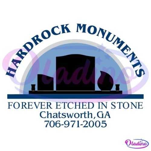 Logo for Hardrock Monuments featuring the silhouette of headstones and urns within a blue and gray arch. Text reads "FOREVER ETCHED IN STONE," followed by "Chatsworth, GA" and a contact number, "706-971-2005," below the arch.