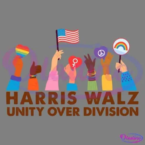 Illustration of diverse hands holding up symbols including a rainbow heart, American flag, Venus symbol, peace sign, and a rainbow. Text below reads "HARRIS WALZ UNITY OVER DIVISION" in brown letters.