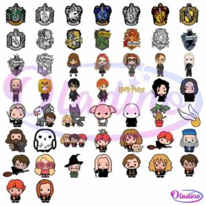 A collection of cute, chibi-style illustrations and icons from the Harry Potter series. The image includes representations of Hogwarts houses, characters, creatures, and various magical items, displayed in a grid layout with each row containing a different theme.