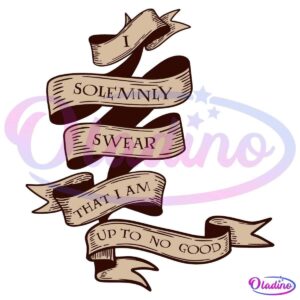 A series of scrolls with beige text on a dark background, reading: "I solemnly swear that I am up to no good." The text is written in a decorative, vintage style with flowing ribbons.