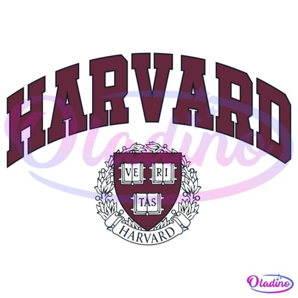 The image shows the Harvard University logo. The word "HARVARD" is arched at the top in maroon with black outline letters. Below, there is a shield with the Latin word "VERITAS" and a laurel wreath surrounding it.