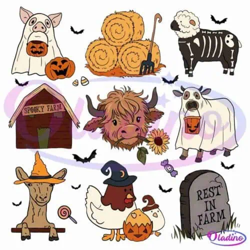 A Halloween-themed farm illustration featuring a pig, sheep, cow, goat, and chickens in costumes. The scene includes hay bales, a spooky barn, a headstone with "Rest in Farm," a jack-o'-lantern, and festive decorations.