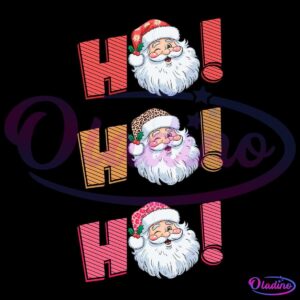 Three "HO!" texts arranged vertically, each with a smiling Santa Claus face replacing the letter "O." The top Santa wears a traditional red hat, the middle Santa wears a leopard-print hat, and the bottom Santa wears a red hat with a white snowflake pattern.