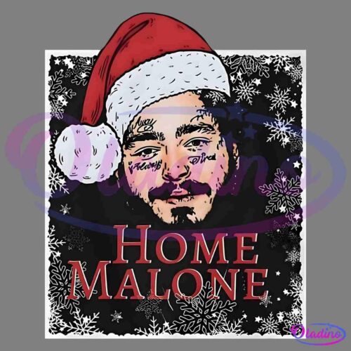 Illustration of a man's face with tattoos, wearing a Santa hat, set against a black background with white snowflakes. The text "Home Malone" is written in red below the image.