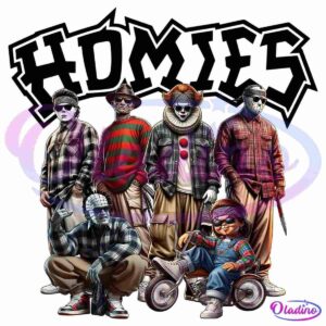 A stylized illustration featuring five figures dressed in urban streetwear and resembling iconic horror movie characters. The background has the word "HOMIES" in graffiti-style text. The figures are standing or sitting in a group, each striking a unique pose.