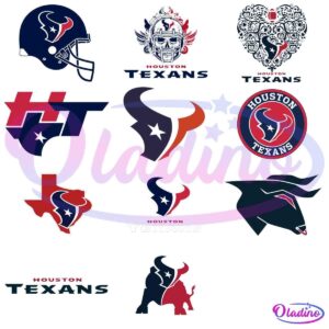 A collection of twelve different Houston Texans logos and variations. Designs include a football helmet, state outlines, a bull, and a combination of football elements. Each logo prominently displays the team's colors: blue, red, and white.