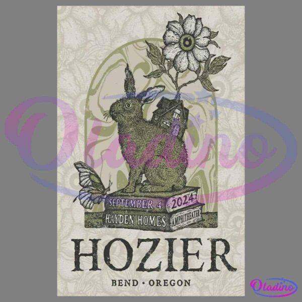 Poster for a Hozier concert in Bend, Oregon on September 4, 2024, at Hayden Homes Amphitheater. The illustration features a rabbit with a house on its back, a flower with an eye, and a butterfly. The design has a vintage, surrealist style.