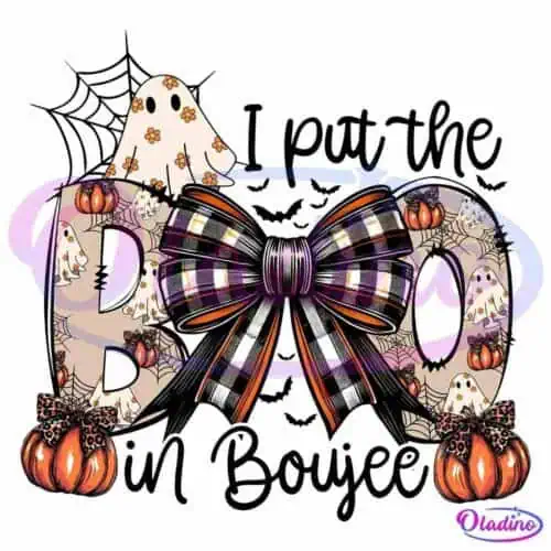 A decorative "BOO" sign features a giant black, white, and orange plaid bow. Each letter is adorned with patterns of ghost illustrations. The "B" and both "O's" are flanked by pumpkins with leopard print tops and bottom halves.