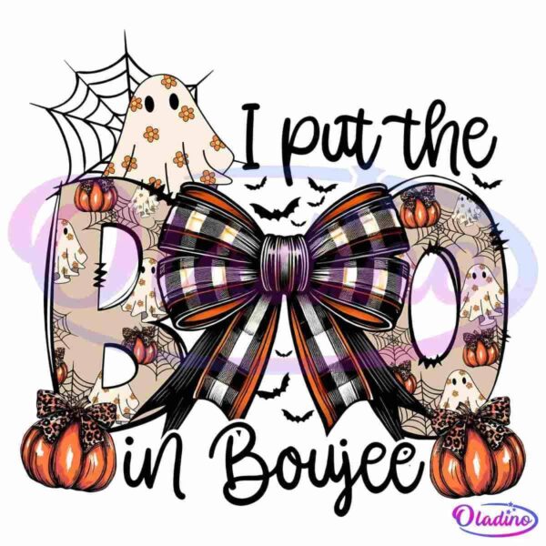 A decorative "BOO" sign features a giant black, white, and orange plaid bow. Each letter is adorned with patterns of ghost illustrations. The "B" and both "O's" are flanked by pumpkins with leopard print tops and bottom halves.