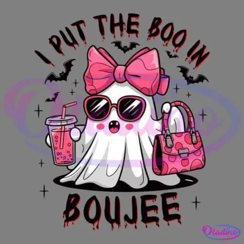 A cute ghost wearing sunglasses and a big pink bow sips from a pink drink cup with a straw and holds a pink handbag. The ghost has blushing cheeks and a smiling face. The text around the image reads "I put the Boo in Boujee" in a dripping, spooky font.