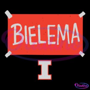 A red banner with white tape in each corner has the word "BIELEMA" written in bold white letters. Below the banner is a large white letter "I," outlined in red. The background is black.