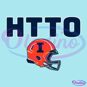 A graphic shows the letters "HTTO" in bold navy blue text above an orange football helmet with a blue "I" on it. The helmet is positioned to the right and slightly below the text. The background is black.