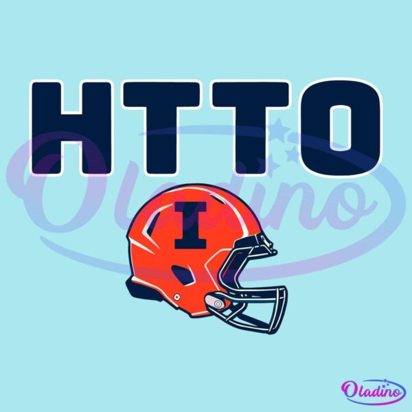 A graphic shows the letters "HTTO" in bold navy blue text above an orange football helmet with a blue "I" on it. The helmet is positioned to the right and slightly below the text. The background is black.