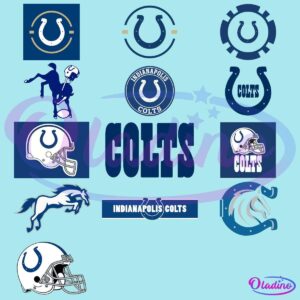 A collage of various Indianapolis Colts logos, including the iconic horseshoe, team name, and helmet designs. The images range from classic to modern styles, featuring different iterations of the team's branding and mascot over the years.